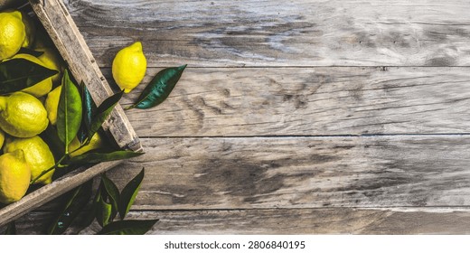A high-angle studio shot of a rustic wooden crate filled with vibrant yellow lemons and fresh green leaves, placed on a weathered wooden plank background with ample copy space.