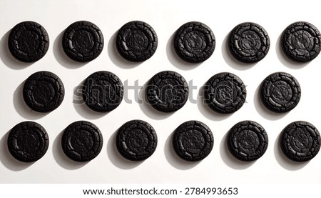 High-angle studio shot of a seamless pattern of dark chocolate cookies arranged neatly on a white surface. The dark color and textured surfaces of the cookies create a minimalist and appetizing pattern. Great for food blogs.