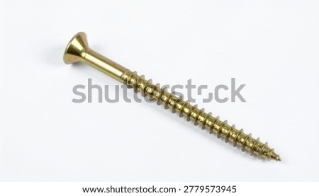 A high-angle studio shot of a single yellow zinc-plated wood screw with a countersunk head, isolated on a clean white background.