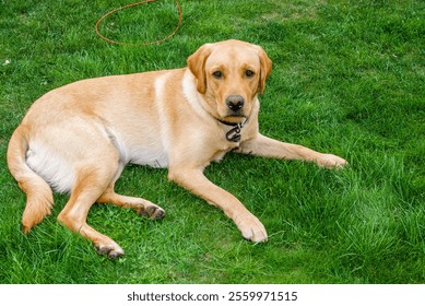 The high-angle view of a beige Labrador retriever dog lying on the grass