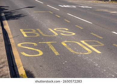 High-angle view of a 'BUS STOP' painted in yellow on a tarmac asphalt road surface. A 'SLOW' sign is in the background. Represents public transport, urban travel, commuting, and road safety