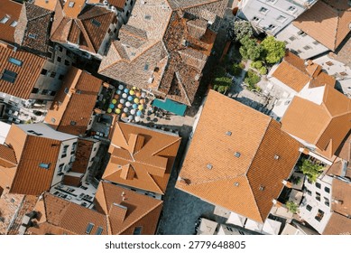 Highangle view capturing old town roofs and narrow alleys