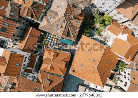 Highangle view capturing old town roofs and narrow alleys