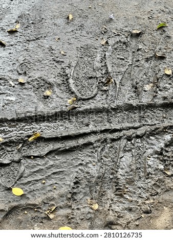 High-angle view of deep wet mud with detailed footprints and a bicycle tire track texture after heavy rain.
