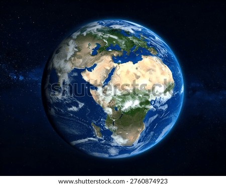 High-angle view of Earth floating in the cosmic darkness, with visible continents and swirling clouds