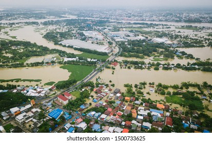 High-angle view of the Great Flood, Meng District, Ubon Ratchathani Province, Thailand, on September 10, 2019, is a photograph from real flooding. With a slight color adjustment