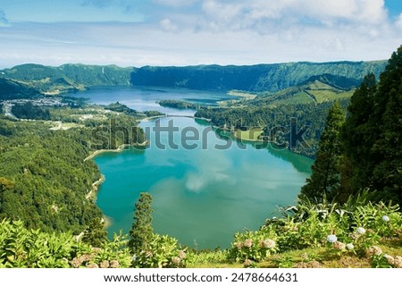 A high-angle view of Lagoa das Sete Cidades lake located on Sao Miguel Island
