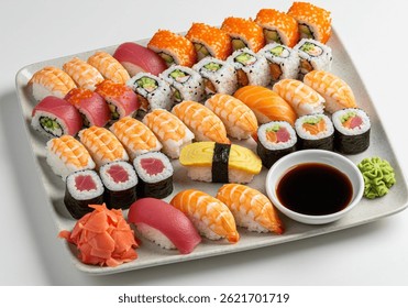 A high-angle view of a large platter filled with various types of sushi and sashimi, including tuna, shrimp, salmon, and california rolls, with wasabi and pickled ginger, on a white background.