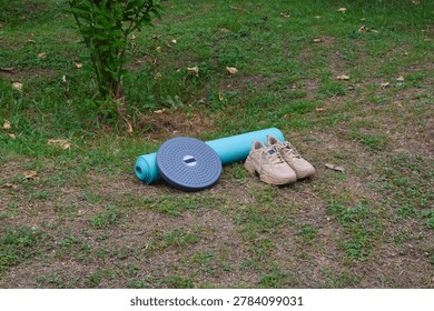 A high-angle view looking down from the front-left onto a rolled blue exercise mat, a kinetic twister, and brown cream trainers resting on fresh orchard grass.