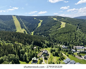 High-angle view of a mountain resort set in dense evergreen forest with grassy cleared ski slopes cutting through the trees. Scattered chalets and lodges sit