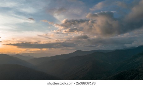 High-angle view of the mountains, sky, clouds, beautiful cool tires