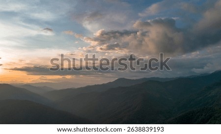 High-angle view of the mountains, sky, clouds, beautiful cool tires
