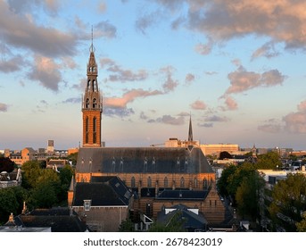 High-angle view of the Neo-Gothic St. Joseph Cathedral at the sunrise, Groningen, Netherlands, July 2024
