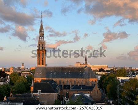 High-angle view of the Neo-Gothic St. Joseph Cathedral at the sunrise, Groningen, Netherlands, July 2024