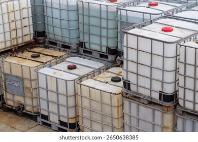 A high-angle view of numerous intermediate bulk containers (IBCs) filled with liquids, stacked and stored in an industrial setting.