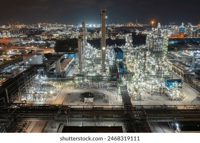 A high-angle view of a vast chemical plant glowing with lights against the night sky, showcasing industrial might and complexity. - Powered by Shutterstock