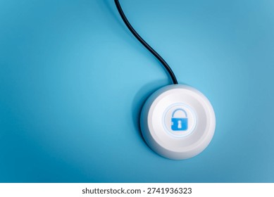 High-angle view of a white digital button with a blue glowing padlock icon on a blue background, symbolizing data protection, cybersecurity, privacy, and secure network access solutions