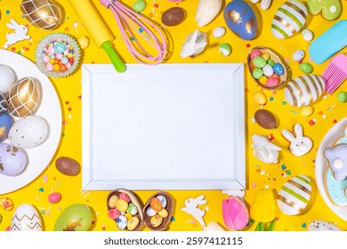 High-colored Easter baking background, Easter sale, party invitation flaylay, Colorful Easter eggs, chocolate eggs and bunny rabbit with sugar sprinkles on bright yellow background top view copy space