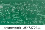 A high-definition image shows a chalkboard with complex mathematical equations of math, and academic atmosphere, and a warm light