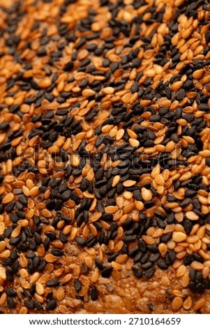 A high-definition texture of a dense layer of roasted sesame o the bread crust. The macro perspective highlights the variation between dry, dark shells and shiny, oil-rich golden grains.