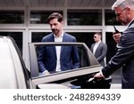 High-End Executive Vehicle Escort: VIP Protection Service Ensures Safety of Businessman with Handsome Bodyguards and Professional Security Measures.