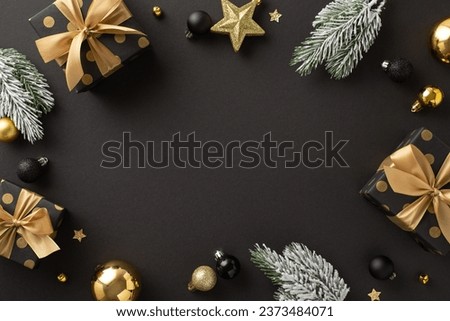 High-end holiday wishes concept. Top view photo of deluxe gift packages, costly tree embellishments, balls, sparkling star confetti, frosted fir twigs, dark backdrop with frame for your festive words