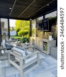 High-end luxury indoor outdoor living entertainment space and patio under a pavilion pergola - poolside with a tequila bar, tv, storage cabinets. Cozy couch and chairs to lounge chill and relax.
