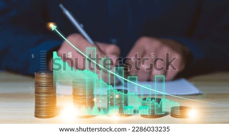 higher interest rates and dividends. Stack of coins and corporate profit percentage Saving money to invest for growth Dividend Payment Cash Reserve Provident Fund Stocks and Growth Assessment