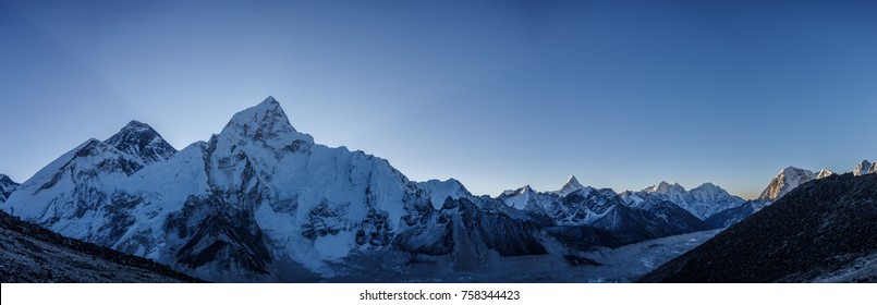 Highest mountain in the world. Panoramic view of Himalaya mountain. Way to Everest base camp, Khumbu valley, Sagarmatha national park.