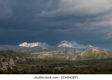The highest point of the Alpilles Moutains called Les Opies (English : Opies Mount) on a stormy day, Mouries, Provence, France.