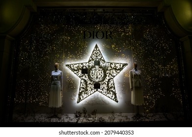 Highland Village, Texas, USA - November 20th, 2021: Dior Show Case With Christmas Lights