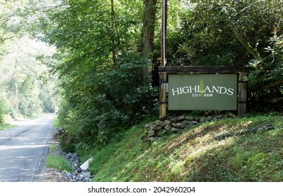 HIGHLANDS, NC - AUGUST 23: A sign at the town limits in Highlands, North Carolina on August 23, 2021. Highlands is a town in western North Carolina.