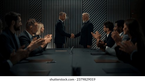 High-Level Political Forum: Two Caucasian Male World Leaders Shaking Hands On Important Economic Deal. Diverse Delegates Applauding Successful International Agreement In Governmental Conference Hall. - Powered by Shutterstock