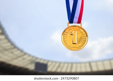 Highlight for a gold medal with a stadium scene in the background. Winning the gold medal at the games - Powered by Shutterstock