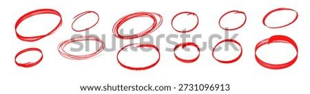 Highlight hand drawing different circles isolated on white background, Handwritten red circle For marking text