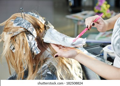 Highlight. Washing Woman Client Hair In Beauty Parlour Hairdressing Salon