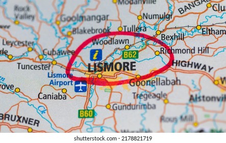 Highlighted City Of Lismore, Located In The Northern Rivers District Of New South Wales, Australia. It Has Recently Had Several Large Floods Which Have Greatly Impacted The City And Its Surrounds.