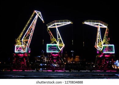 Highlighted Cranes In Szczecin, A City Monument.