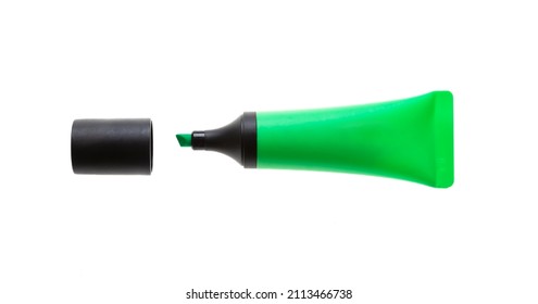 Highlighter Green Marker Isolated Cutout On White Background. Overhead View Of Opened Fluorescent Pen With Black Lid, Text Marking, Office Supply.
