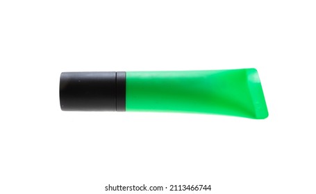 Highlighter Green Marker Isolated Cutout On White Background. Overhead View Of Fluorescent Pen With Black Lid, Text Marking, Office Supply.
