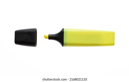 Highlighter Yellow Marker Isolated Cutout On White Background. Overhead View Of Opened Fluorescent Pen With Black Lid, Text Marking, Office Supply.
