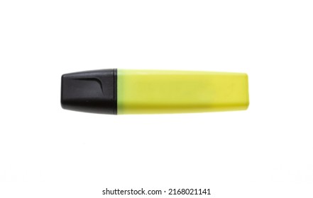 Highlighter Yellow Marker Isolated Cutout On White Background. Overhead View Of Fluorescent Pen With Black Lid, Text Marking, Office Supply.
