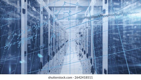 Highlighting central data center aisle, showcasing server racks and digital grid overlay. Technology, data center, networking, infrastructure, digital, futuristic, automation