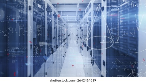 Highlighting data center aisle featuring server cabinets with blinking LEDs, digital overlays. Technology, cybersecurity, infrastructure, automation, modern, professional, digital - Powered by Shutterstock - Get 15% off with code: PIKWIZARD15
