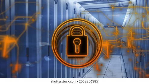 Highlighting glowing orange padlock icon securing server corridor, with racks and network overlays. Cybersecurity, data center, network infrastructure, digital technology, information protection,