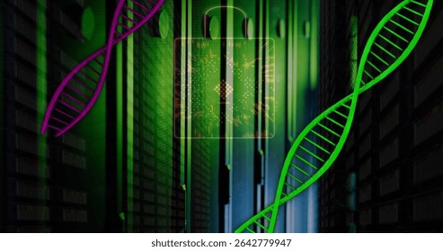 Highlighting green DNA double helix floating in server room aisle, with racks and circuit interface. Biotechnology, cybernetics, futuristic, digital, innovation, technology, genomic - Powered by Shutterstock - Get 15% off with code: PIKWIZARD15