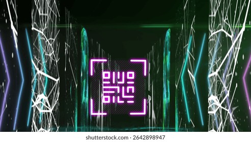 Highlighting neon magenta brackets framing QR code through futuristic corridor, holographic columns. Cyberspace, digital, technology, science fiction, innovation, minimalism, immersive - Powered by Shutterstock - Get 15% off with code: PIKWIZARD15