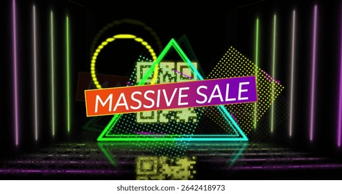 Highlighting neon triangle pulsing on reflective floor in studio, with QR code, sale banner, tubes. Futuristic, technology, digital, vibrant, reflective, immersive, modern - Powered by Shutterstock - Get 15% off with code: PIKWIZARD15