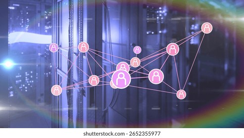 Highlighting network graph glowing in data center, with server racks, pink nodes and lens flare. Technology, connectivity, cybersecurity, data infrastructure, digital architecture, modern design,