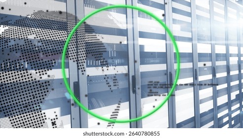 Highlighting rack unit housing servers and switches in data center aisle, with green overlay. Technology, data, connectivity, cyber, digital, infrastructure, futuristic